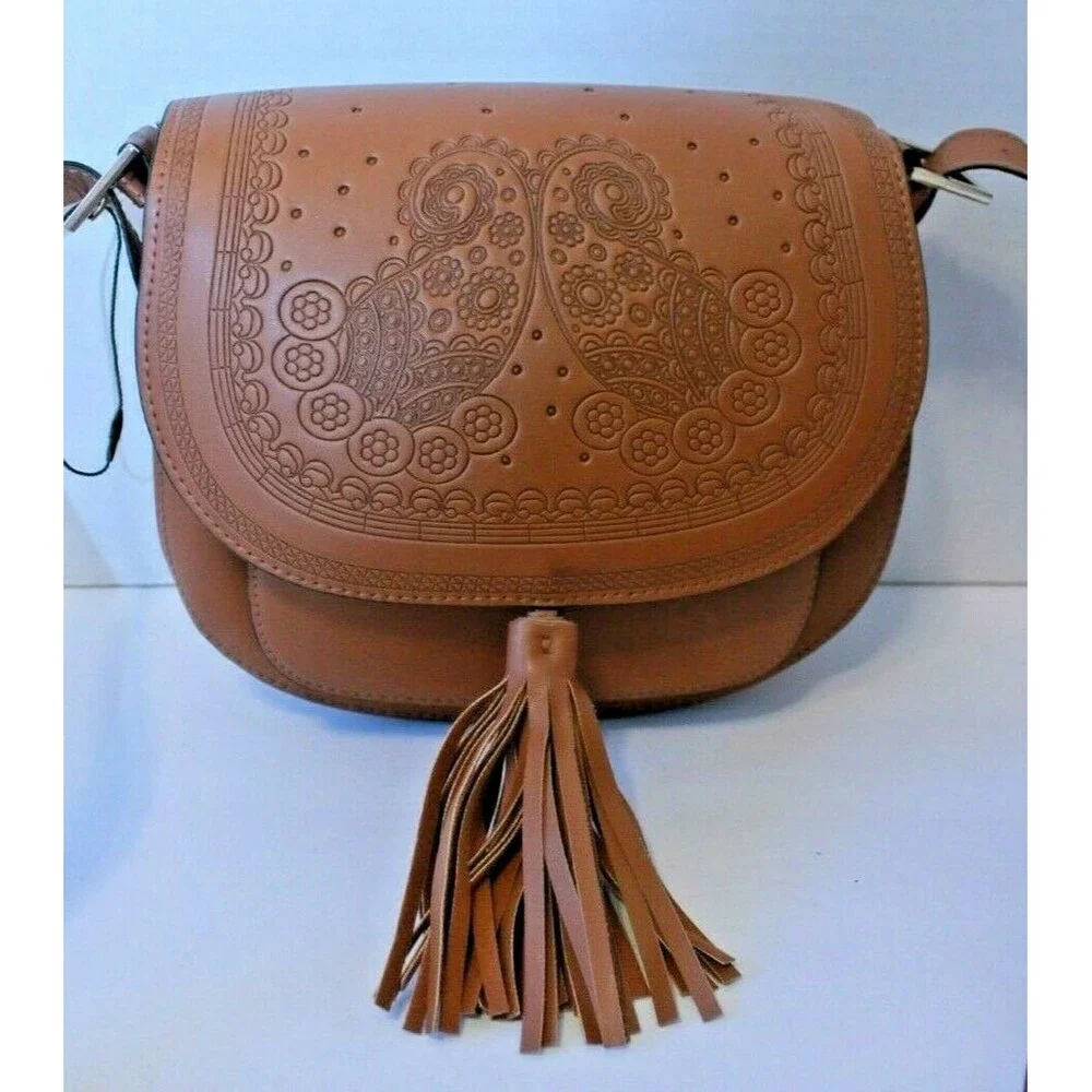 Atmosphere Primark Tooled Leather Crossbody Shoulder Bag Brown Tassel